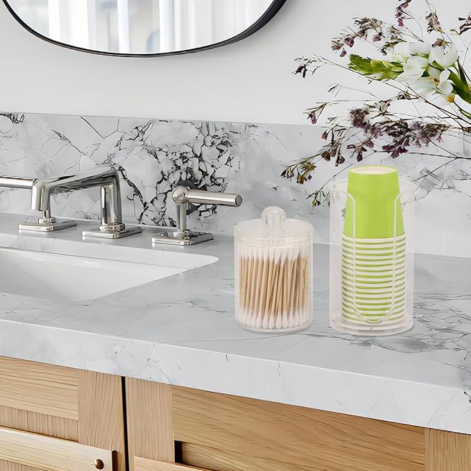 LoveBB 3oz-5oz Bathroom Cup Dispenser with 10oz Qtip Holder Dispenser, Small Disposable Paper Cup Holder Bathroom Accessories for Rinsing/Mouthwash Cups, Clear