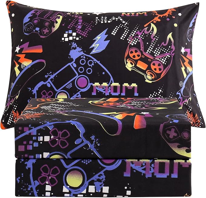 JSD Black Gaming Sheet Set Twin Size, 3 Piece Soft Kids Boys Printed Microfiber Bed Sheets Deep Pocket