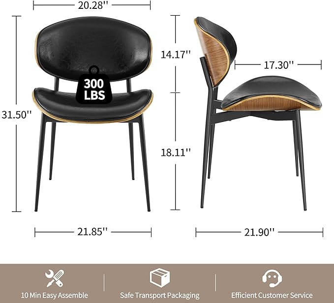 Art Leon Modern Faux Leather Dining Chairs, Set of 2, Mid Century Desk Chair No Wheels, Armless Accent Chair with Black Metal Legs, Black/Walnut