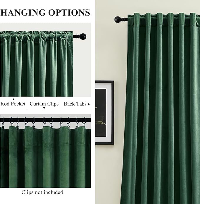 AUSSPVOCT Velvet Curtains 90 Inches Long 2 Panels for Bedroom, Thermal Insulated Room Darkening Luxury Soft Blackout Curtain Back Tab Rod Pocket Window Drapes for Living Room, W52 x L90, Dark Green
