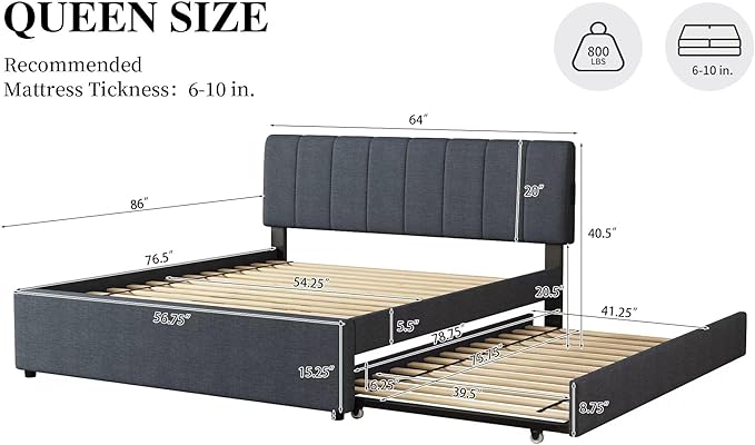 Queen Size Upholstered Platform Bed with Trundle and 1 Sets of USB, Linen Fabric Full and Twin Double Bed w/LED Lights with APP for Bedroom,Dark Gray