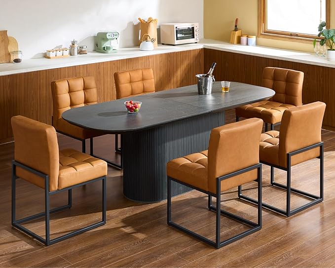 Brown Faux Leather Dining Chairs Set of 2, Mid-Century Modern Dining Room Chairs with Armless, Checkered Kitchen Chair with Metal Legs