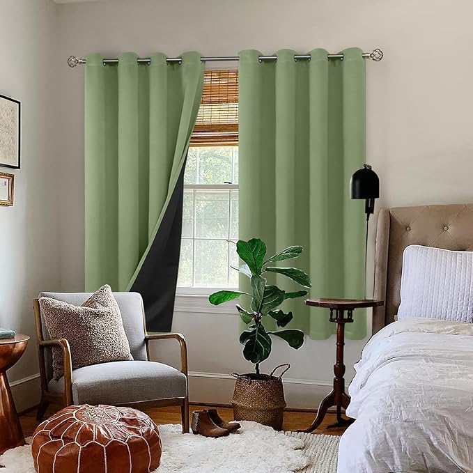 BGment Thermal Insulated 100% Blackout Curtains for Bedroom with Black Liner, Double Layer Full Room Darkening Noise Reducing Grommet Curtain (52 x 63 Inch, Grass Green, 2 Panels)