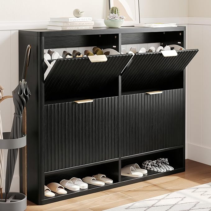 Fluted Shoe Cabinet Storage with 4 Flip Drawers, Narrow Shoe Storage Organizer for Entryway, Hidden Slim Wooden Shoe Rack Cabinet for Front Door Entrance, Hallway, Living Room (4-Drawer, Black)