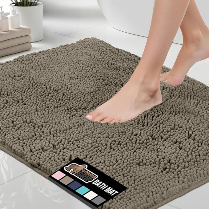 GORILLA GRIP Bath Rug Mat, Thick Soft Absorbent Chenille, Quick Dry Microfiber Mats, Rubber Backing Washable Shower Floor Rugs, Bathmat Runner, US Designed Bathroom Home Decor Accessories 24x17, Latte
