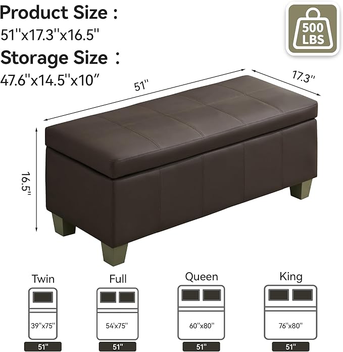 51" Faux Leather Storage Ottoman, Stitch Tufted Rectangle Upholstered End of Bed Storage Bench, Entryway Large Couch Ottoman with Wooden Legs,Brown