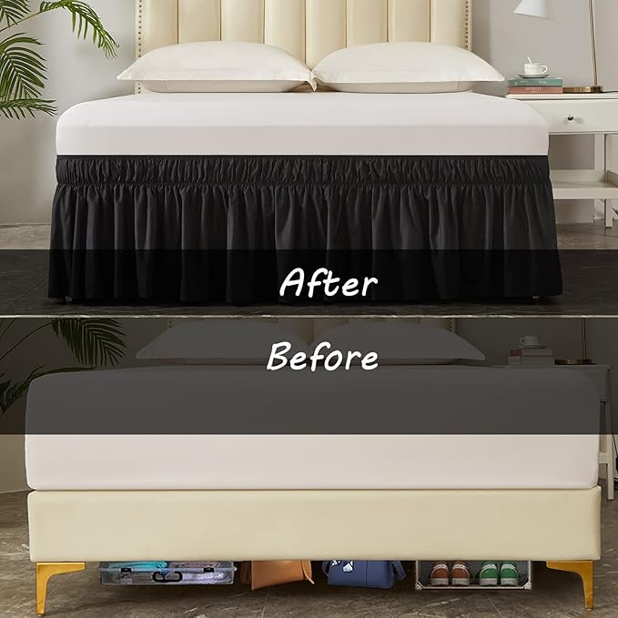 MEILA Wrap Around Bed Skirt Three Fabric Sides Elastic Dust Ruffled 14 Inch Tailored Drop,Easy to Install Fade Resistant-Black, Queen/King