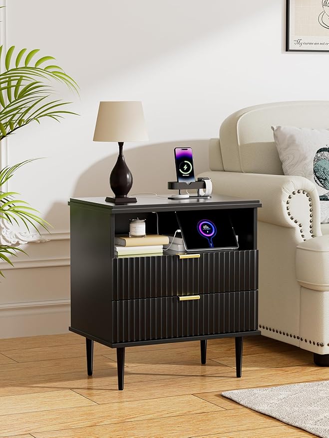 Nightstand with Charging Station, Wide Fluted Nightstand, Wood for Bedroom, Black Dresser with Storage Drawers, Bedside Table with Metal Handle & Leg (Black Set of 2, 23.3)