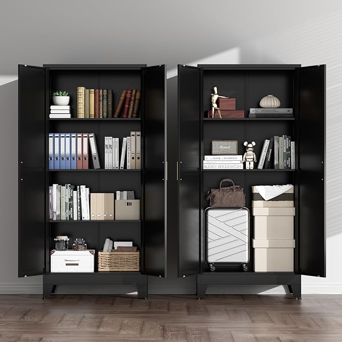 COFaR Black Farmhouse Storage Kitchen Pantry Cabinet with 2 Barn Door, 3 Adjustable Shelves and Legs, for Cupboard/Dining Room/Bathroom/Living Room/Office/Laundry Room (Black, 61" Farmhouse)