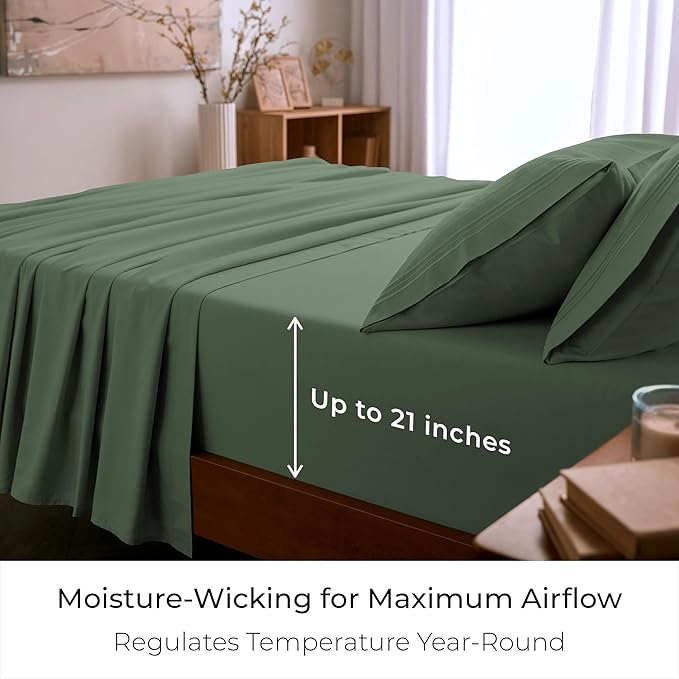 Mellanni King Sheet Set - 6-Piece Iconic Collection Bedding, (Including 4 Pillowcases), 21-Inch Extra Deep Pocket, Easy Care, Ultra Soft, Cooling Sheets, Brushed Microfiber - Sage