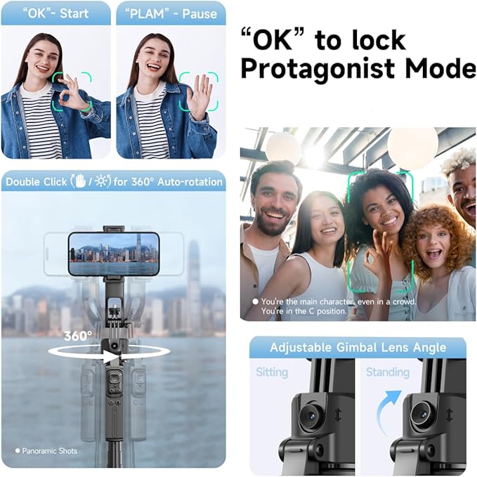 Auto Face Tracking Tripod 360° Rotation with Stand,Smart Gesture Control Travel Selfie Stick for Content Creator Tiktok YouTube Vlog Video Live Streaming