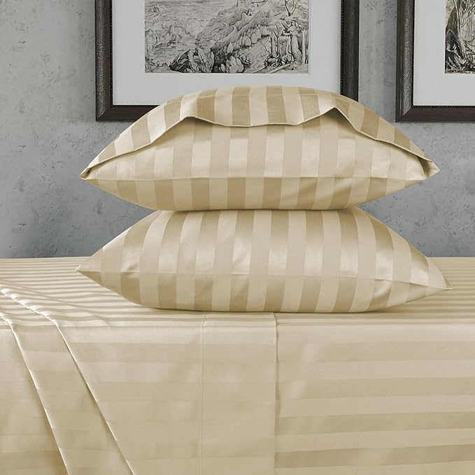 URBANHUT 800 Thread Count 100% Cotton Damask Queen Size Sheets, 4 Piece Striped Queen Size Bedsheets, Luxury Hotel Sheets Sateen Weave - Better Than Egyptian, 16" Elasticized Deep Pocket- Sand