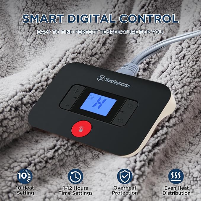 Westinghouse Electric Blanket Full Size, Soft Plush Sherpa Heated Blanket with 10 Heating Levels & 1-12 Hours Auto-Off, Machine Washable, 80x84 inches, Charcoal