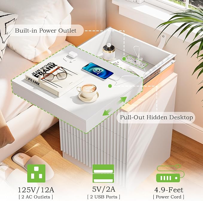 Nightstands Set of 2 with Charging Station & LED Lights, Modern Small Fluted Bedside & End Tables with 3 Drawers, Sliding Top & Hidden Storage, Wooden Farmhouse Night Stand for Bedroom Office,White