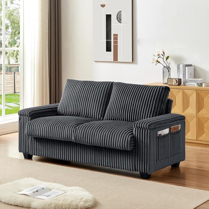 71" Loveseat Sofa, Modern Couches for Living Room,Corduroy Recliner, Dual armrest Storage Space, Integrated Spring Cushion, Solid Wood Frame, Built-in USB Charging Port (Dark Gray)