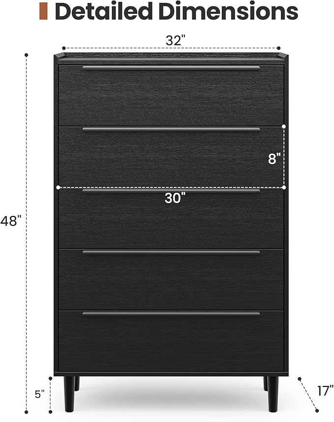 48" Tall Black Dresser for Bedroom, Modern 5 Drawer Chest of Drawers with Wood Grain Finish, Slim Vertical Storage Cabinet with Raised Edge Top, Anti-Tip Kit
