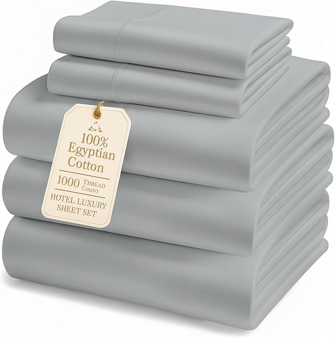 LANE LINEN 100% Egyptian Cotton Split King Sheets for Adjustable Beds - 1000 Thread Count, Sustainably Produced Luxury Hotel Like Thick Split King Bed Sheets, Machine Washable Cotton Sheets - Silver