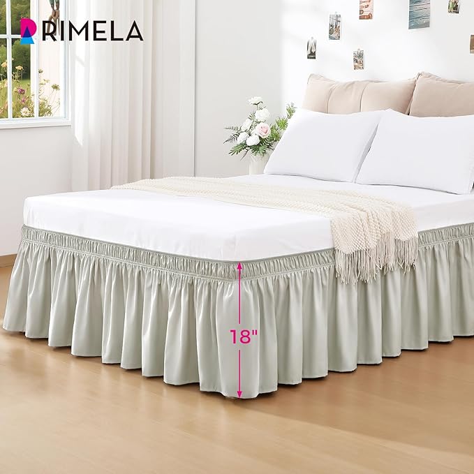 RIMELA Light Grey Bed Skirt Queen Size 18 Inch Drop, Wrap Around Elastic Bedskirt, Dust Ruffle for Adjustable Bed Base Machine Washable Easy to Install Bed Skirts