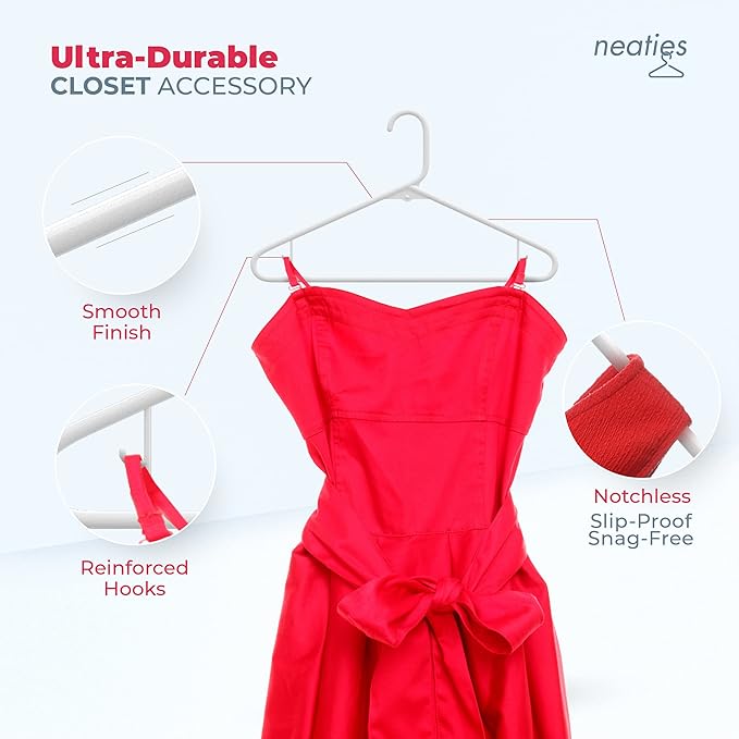 Neaties Plastic Hangers 30 Pack – Made in The USA – 6lb Capacity Standard Clothes Hangers with Strap Hooks for Dresses, Lingerie, Shirts, Pants, and Jackets – White