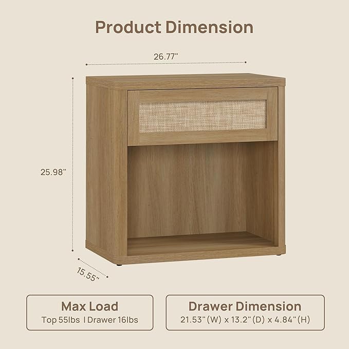 SICOTAS Night Stand Set of 2 26" Wide Large Nightstands with Drawer & Shelf Storage Rattan Bedside Table Boho End Table Tall Bed Side Tables Night Stands for Bedroom Living Room Sofa Office, Amber Oak