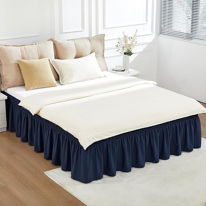 RIMELA Navy Blue Bed Skirt Queen Size 15 Inch Drop, Elastic Bed Skirting for Bed Base and Frame, Bedding Dust Ruffle Easy to Install, Lightweight Wrap Around Adjustable Bedskirt