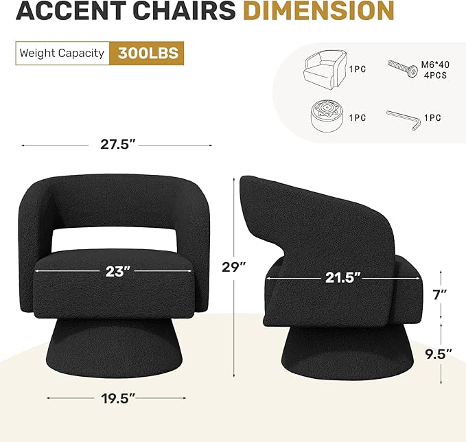 Swivel Accent Chair Set of 4, Modern Comfy Teddy Barrel Chairs, Oversized Upholstered Round Arm Chair for Living Room, Bedroom, Reading Room, Black