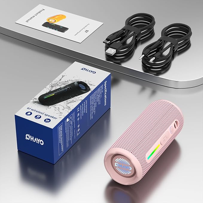 OHAYO Portable Bluetooth Speaker, IPX7 Waterproof Wireless Speaker with 24W Stereo Sound, Active Extra Bass, Bluetooth 5.3, RGB Lights, Up to 30H Playtime for Home, Outdoor, Party, Travel