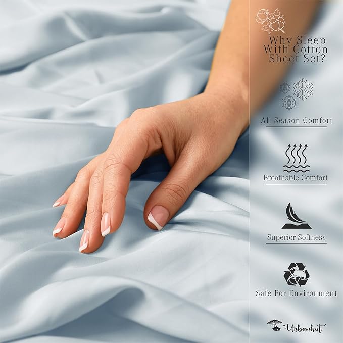 URBANHUT 800 Thread Count 100% Cotton Full Size Sheets, Luxury 4 Piece Full Bedsheets, Hotel Sheets Sateen Finish - Better Than Egyptian, 16" Elasticized Deep Pocket - Light Blue