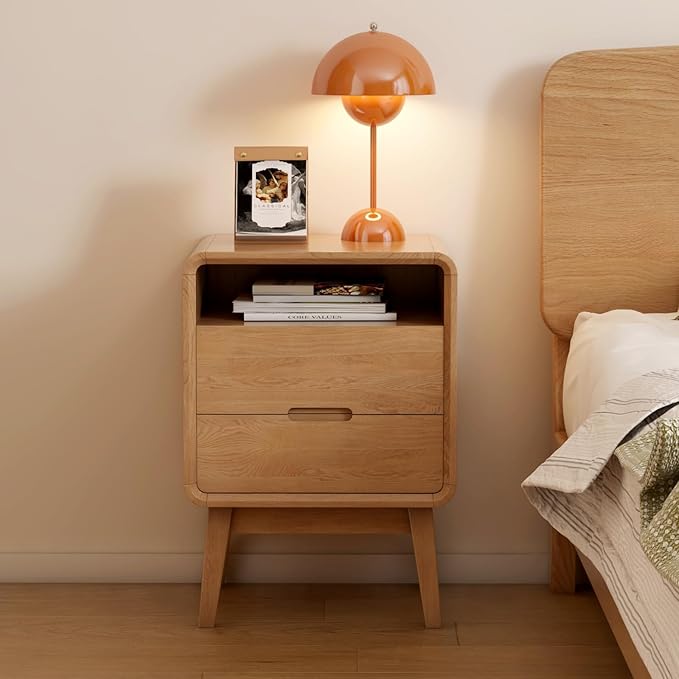 100% Solid Oak Wood Nightstand with 2 Drawers, Mid Century Modern Night Stand with Open Shelf, Wooden Nightstand, Small Night Stand for Small Spaces, Oak Bedside Table for Bedroom(23.23" H)