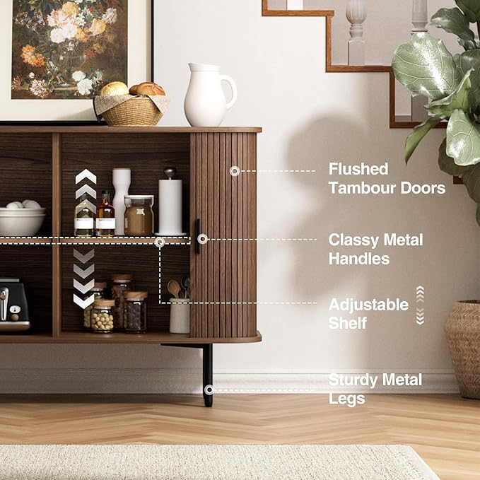 47''W x 32''H Buffet Sideboard Cabinet with Storage, Fluted Storage Accent Cabinet with Curvy Edge, Sliding Door, Credenza, Console Table for Living Room, Kitchen, Walnut