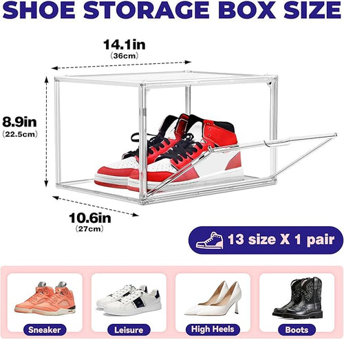 12 Pack Acrylic Shoe Large Storage Box with Magnetic Door Size 13 Clear Stackable Shoe Organizer for Closet Space Saving Shoe Cabinet Sneaker Display Case