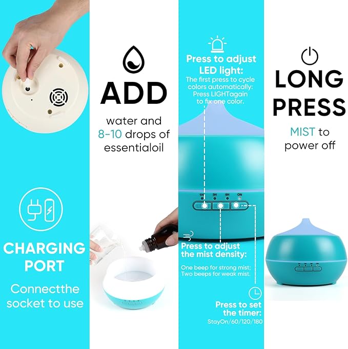 HAPPTWS 500ML Essential Oil Diffuser - BPA Free Ultrasonic Aromatherapy Diffuser, with 7-Color Lights Waterless Auto Shut Off for Home、Room、pet Room - Blue