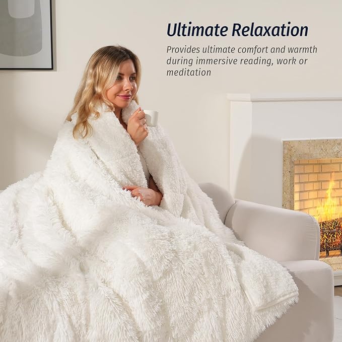 Wemore Shaggy Long Fur Faux Fur Weighted Blanket, Cozy and Fluffy Plush Sherpa Long Hair Blanket for Adult 20lbs, Fluffy Fuzzy Sherpa Reverse Heavy Blanket for Bed, Couch, Cream White, 60 x 80 Inches