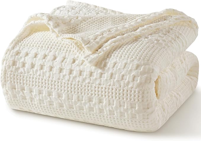 PHF 100% Cotton Waffle Weave Blanket Twin Size for Bed, Soft Lightweight & Breathable, All-Season Comfort, Luxury Aesthetic Woven Bedding for Home Decor, 66"x90", Ivory