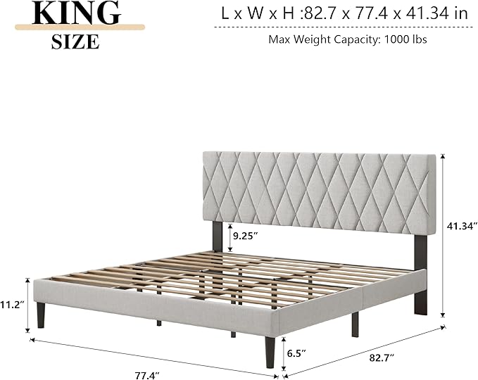 King Size Bed Frame with Diamond Tufted Headboard, Linen Upholstered Platform Bed and Wooden Slat Support, Noise-Free, No Box Spring Needed, Easy Assembly, Light Grey