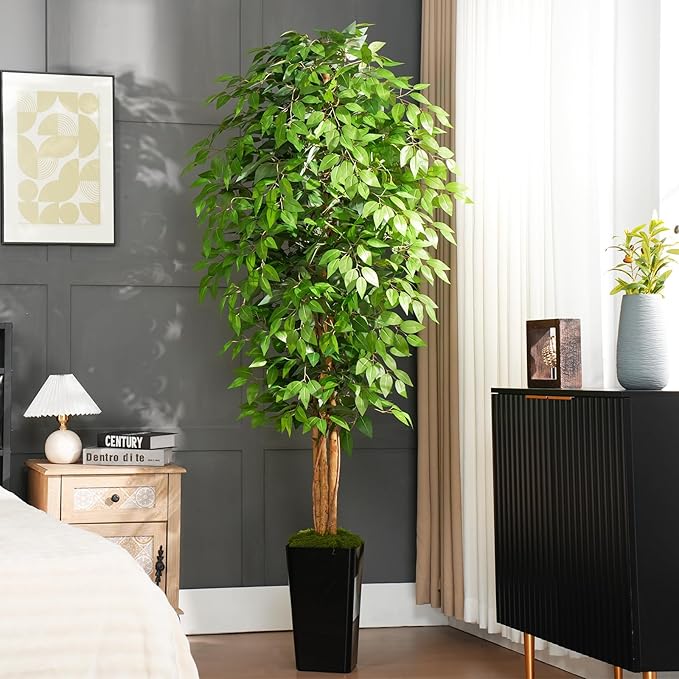 7ft Ficus Artificial Tree with 3 Natural Curved Trunks, 84" Tall Lush Faux Tree for Home Decor Indoor, Green Lifelike Fake Ficus Tree with Black Planter Pot