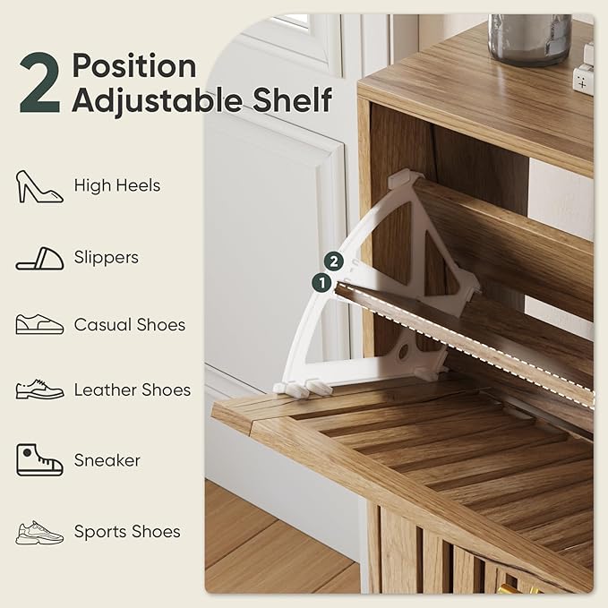 Shoe Storage Cabinet with 2 Flip Slatted Drawers, Narrow Freestanding Shoe Cabinet with Gold Handle, Hidden Entryway Shoe Organizer for Hallway, Foyer, Natural Oak