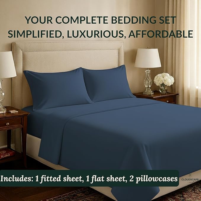 Cloud Scape Linen 100% Egyptian Cotton King Sheets Set – 400 Thread Count, 4-Piece Soft Hotel Quality Bedding Set,Deep Pockets up to 16”, Dark Denim
