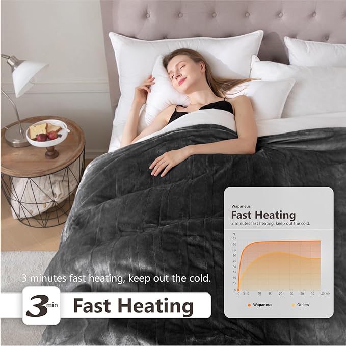 Wapaneus Heated Blanket Electric Queen Size 84"x90"-Dual Control with 10 Heat Levels 12 Timer Settings and 8 Hours Auto-Shut Off,Fast-Heating Electric Blanket,ETL Listed Machine Washable,Dark Grey