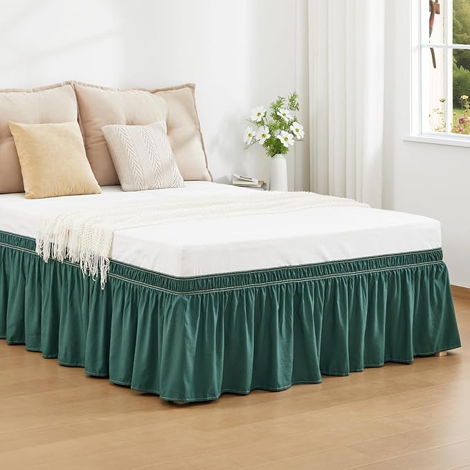 RIMELA Emerald Green Bed Skirt King Size 15 Inch Drop, Wrap Around Elastic Bedskirt, Dust Ruffle for Adjustable Bed Base Machine Washable Easy to Install Bed Skirts