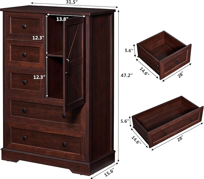 SOOWERY Dark Cherry Dresser for Bedroom, 5 Drawer Farmhouse Wood Dressers with Double Storage Cabinet, 48 Inches Tall Chest of Drawers for Bedroom, Living Room, Hallway