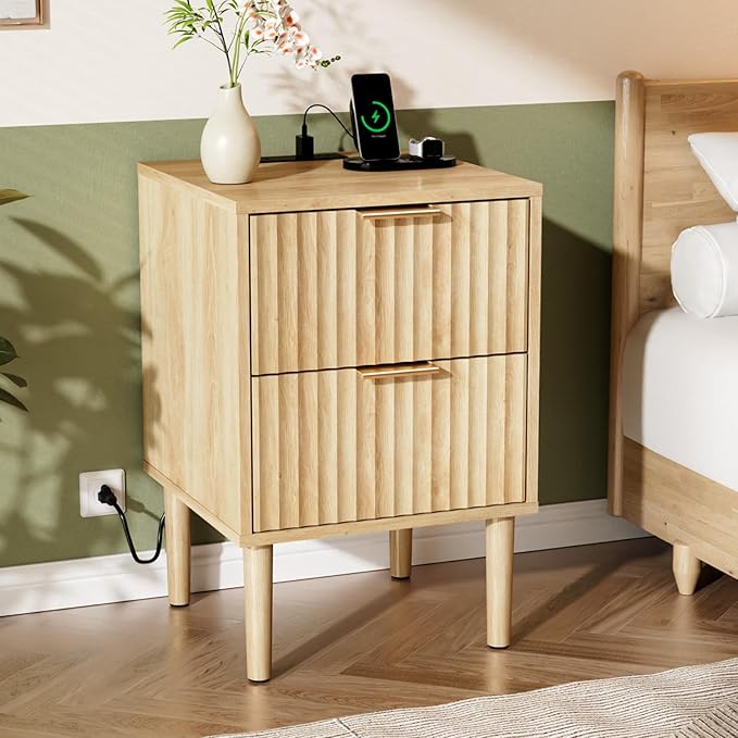 VINGLI Nightstand with Charging Station, Fluted Nightstand with Drawers, Wood Night Stand for Bedroom, Fluted Bedside Table/End Table/Side Table, Oak, 15.75" W*15.55" D*23.62" H
