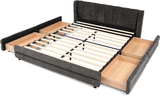 DEINPPA Queen Size Bed Frame with 4 Storage Drawers and Cloud Soft Headboard, Chenille Upholstered Grounded Wood Base Bed Frame, No Box Spring Needed-Dark Grey