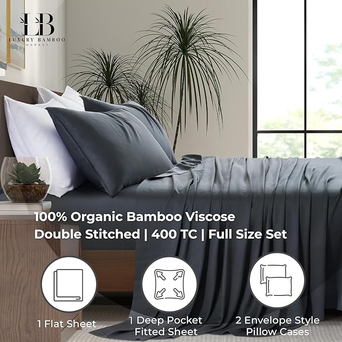 Full Size Sheet Set | 100% Viscose | Organically Grown | Ultra Soft | Cooling Sheets for Hot Sleepers | 17" Deep Pocket [Charcoal Grey]