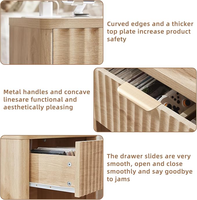 LEYAOYAO Fluted Nightstand with Charging Station, 23" Wide 1 Drawers Night Stand,Natural End Table with Open Storage,Farmhouse Bed Side Tables, Wood Dresser for Bedroom, Living Room, Closet