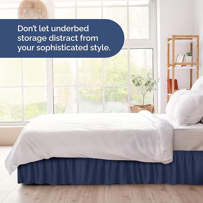 Wrap Around Dust Ruffle Bed Skirt - Navy Blue - for Queen Size Beds with 18 Inch Drop - Elastic Strap - Adjustable Pleated Bedskirt with Brushed Fabric and Wrinkle Free - for Women, Men, Kids & Teens