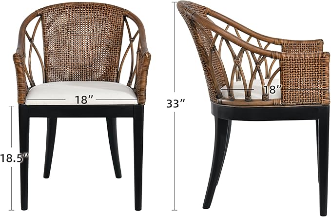 DUHOME Wood Rattan Arm Accent Chair Natural Wash/White Cushion Side Armchair Gianni Brown & Black Solid Living Room Chair for Dining Room Bedroom Office Foyer Arm Chair