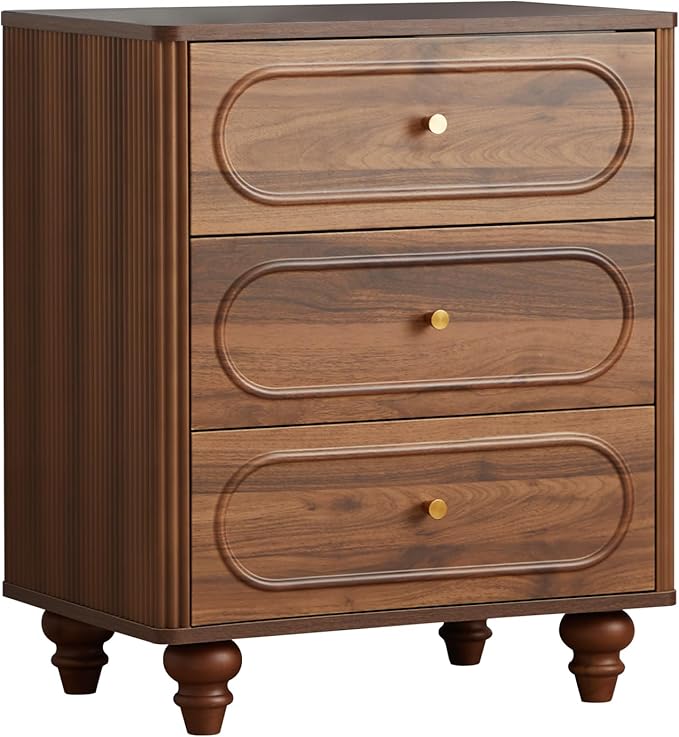 3 Drawer Fluted Dresser for Bedroom, Mid Century Modern Chest of Drawers, Wood Storage Small Dresser Organizer for Bedroom Living Room Hallway Closet, Walnut