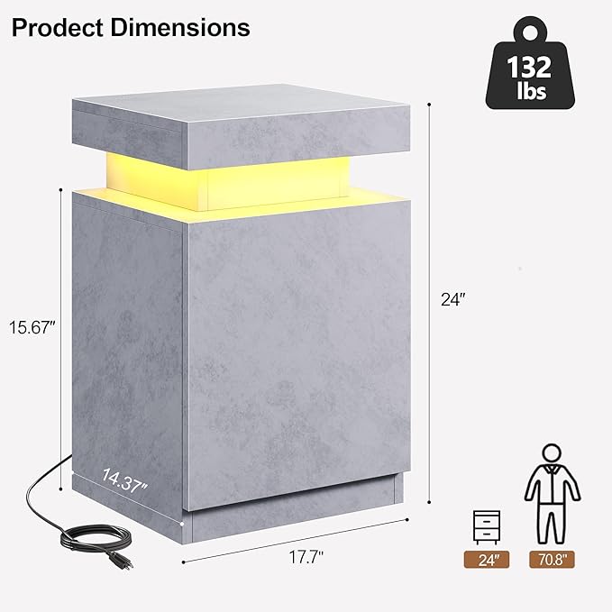MXV Nightstand Set of 2 with LED Lights,Night Stand with Storage Cabinet for Bedroom,Bedside Table with LED (Grey, 17.7IN)