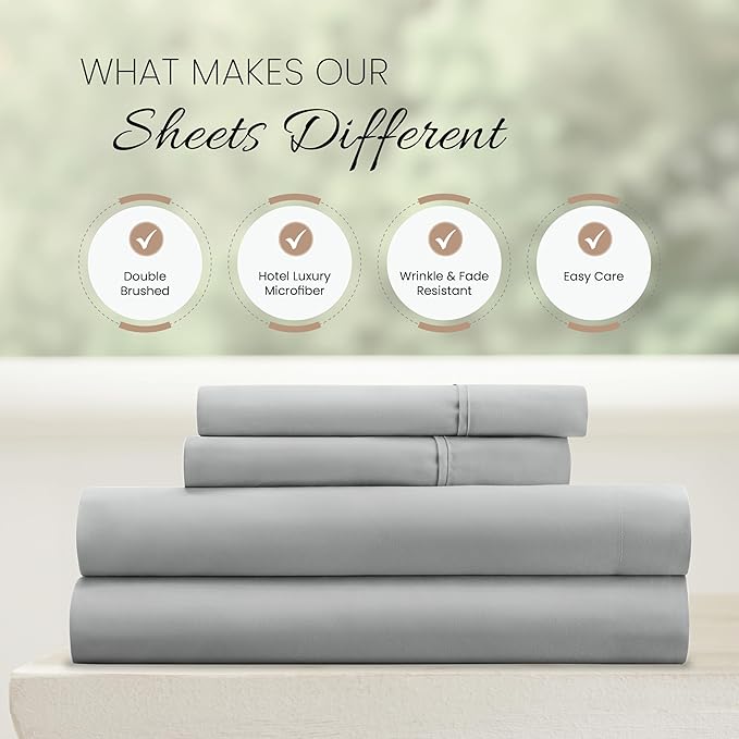 Linen Market Brushed Microfiber Full Sheet Set 4 Piece – Oeko-TEX Certified Ultra Soft & Wrinkle-Free - 16" Deep Pocket Sheets - Easy Care Full Size - Light Gray